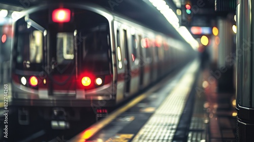 A close-up of a commuter train arriving at a platform. photo