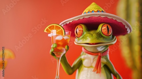 a happy frog dressed in mexican sombrero hat holding a cocktail. Cinco de mayo celebration photo