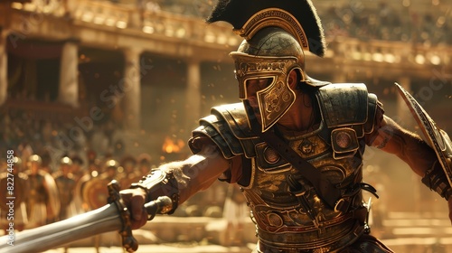 A fierce gladiator in full armor, brandishing a sword in a Roman arena,