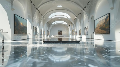A floating camera smoothly navigating through an art gallery, capturing exhibits in detail,