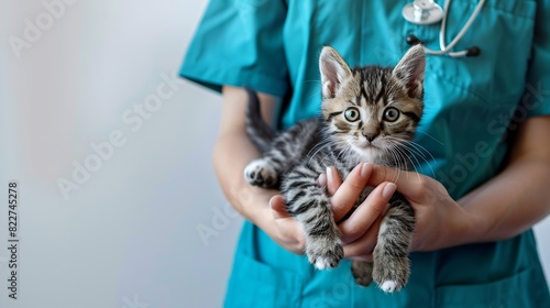 Kitten puppy in doctor hands veterinary clinic Cat dog at vet check up Vet doctor holding kitten puppy for check health mammal animal pets Vet doctor with stethoscope Long web banner o : Generative AI