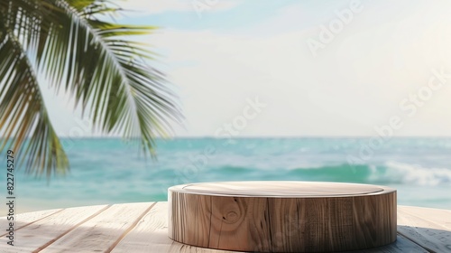 Summer product display on wooden podium at sea tropical beach : Generative AI © The Little Hut