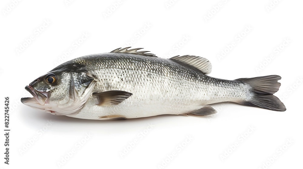 Raw seabass One fresh sea bass fish isolated on white background with clipping path : Generative AI Raw seabass One fresh sea bass fish isolated on white background with clipping path : Generative AI