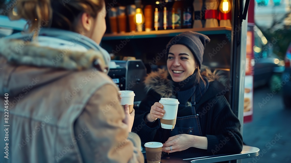 Smiling female barista handing a takeaway cup of coffee to a customer at her mobile cafe truck : Generative AI
