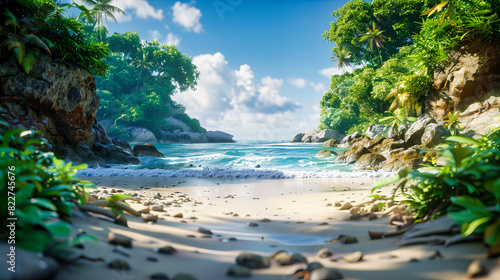 Seychelles Beach Paradise  Turquoise Water Amidst Granite Boulders  Tropical Island Landscape under Sunny Skies