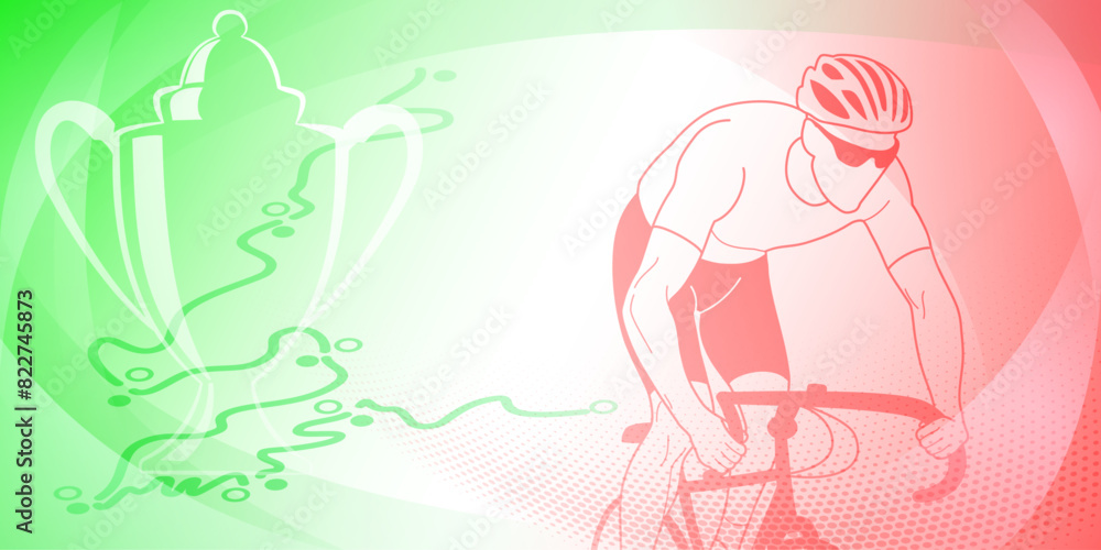 Cycling themed background in the colors of the national flag of Italy, with sport symbols such as an athlete cyclist, cup and a bike race route, as well as abstract curves and dots Cycling themed background in the colors of the national flag of Italy, with sport symbols such as an athlete cyclist, cup and a bike race route, as well as abstract curves and dots