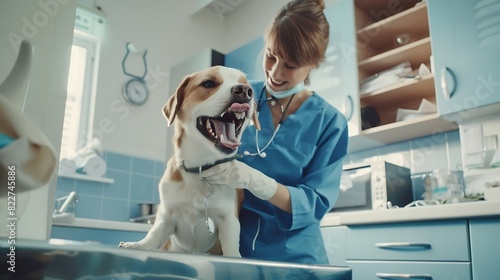 Veterinarian doctor in blue uniform conduct a routine examination of a dog checking teeth on a table in a modern office of a veterinary clinic Treatment and vaccination of pets : Generative AI photo