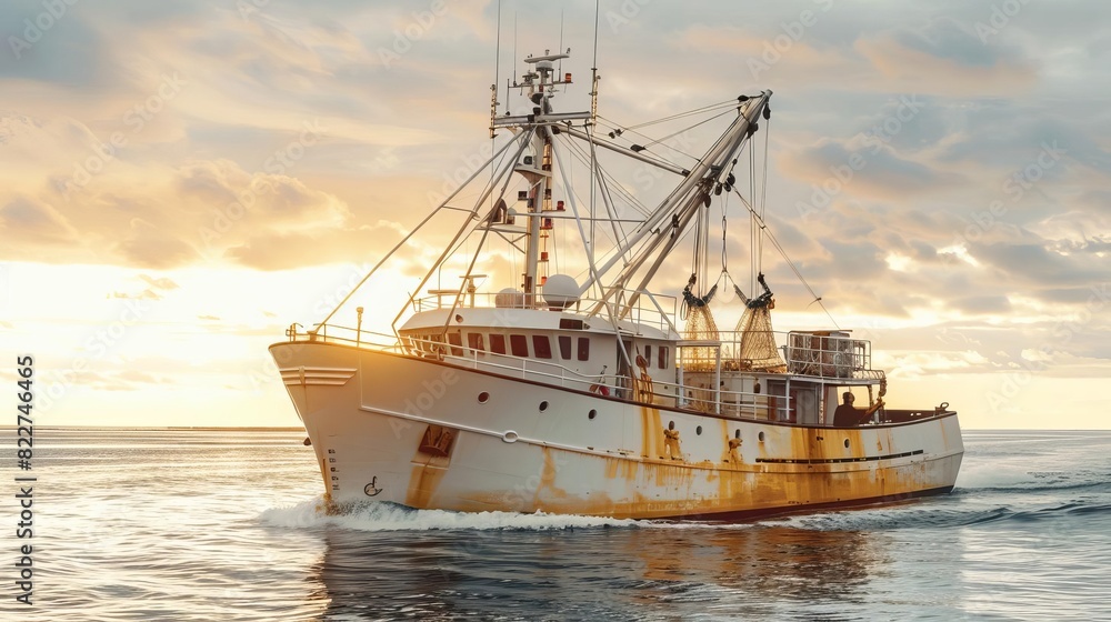 A fishing boat sails on the ocean at sunset. A fishing boat sails on the ocean at sunset.