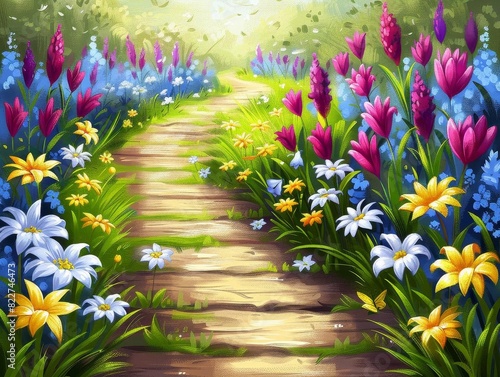 A winding wooden path through a lush meadow with vibrant wildflowers.