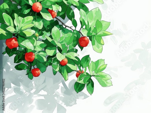 Close-up of a lush green tree branch with red fruits.