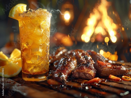 Grilled chicken with iced tea and lemon slices on a wooden table.