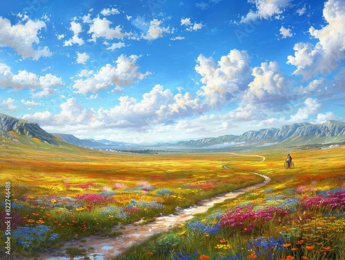 A winding path leads through a field of wildflowers, with mountains in the distance and a bright blue sky.