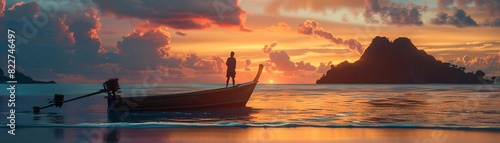 Silhouette of a man in a boat at sunset with mountains in the background.