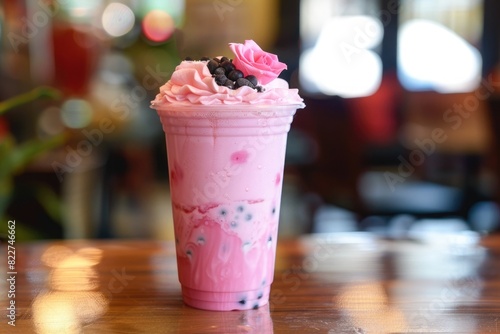 rose pink milk bubble boba tea on a wooden table with copy space
