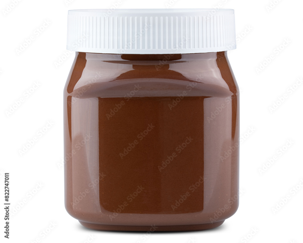 Chocolate cream with hazelnut. Jar of Brown, sweetened hazelnut cocoa spread. Delicious organic chocolate cream for morning snack, breakfast. Food photo. Macro high resolution. Isolated Background Chocolate cream with hazelnut. Jar of Brown, sweetened hazelnut cocoa spread. Delicious organic chocolate cream for morning snack, breakfast. Food photo. Macro high resolution. Isolated Background