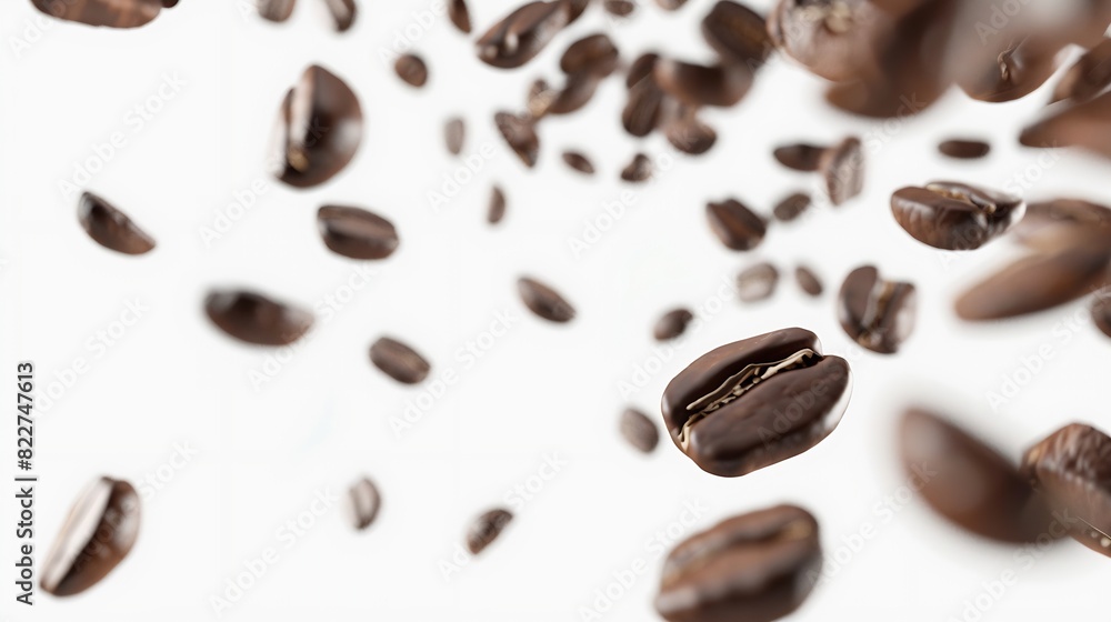 Coffee beans in flight on white background : Generative AI Coffee beans in flight on white background : Generative AI
