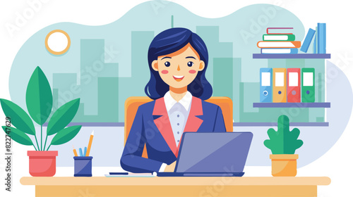 A woman is working at a computer. Remote work, work in the office. The woman at the table