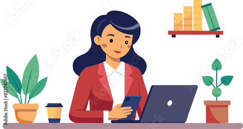 A woman is working at a computer. Remote work, work in the office. The woman at the table