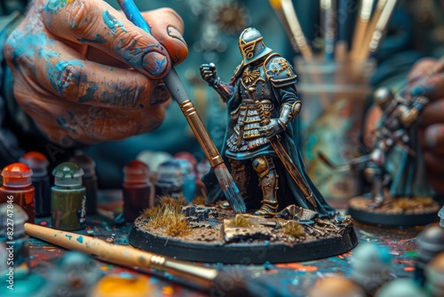 Artist painting a detailed fantasy miniature figure at a workbench