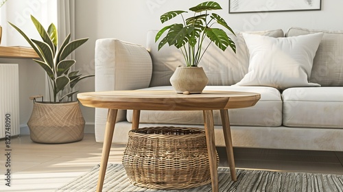 Wooden coffee table with with houseplant and wicker basket near grey sofa in living room : Generative AI
