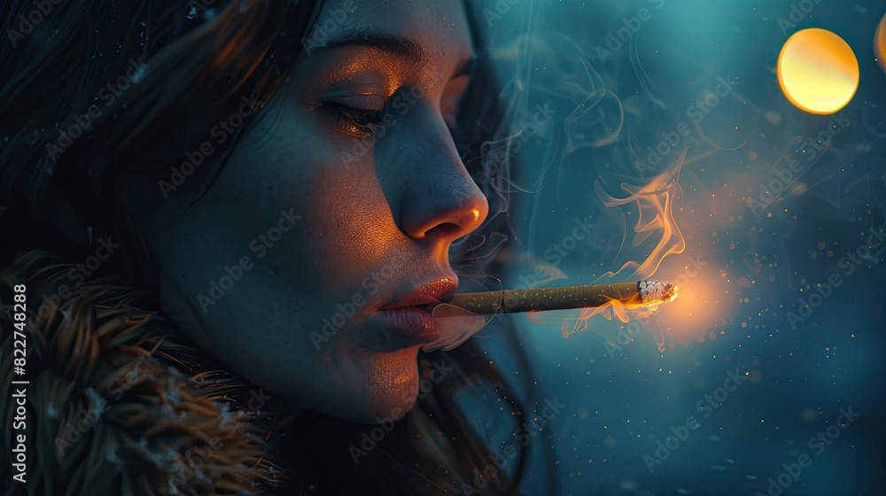 Obraz premium A woman is smoking a cigarette in a dark room. The image has a moody and somewhat ominous feel to it, as the woman is surrounded by smoke and darkness. The cigarette itself is lit