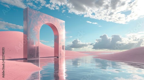 The metallic portal in the middle of the clear river that connected to the ocean that has surrounded with the bright blue cloudy sky and the pink desert with the pink tree and pink mountain. AIGX03. © Summit Art Creations