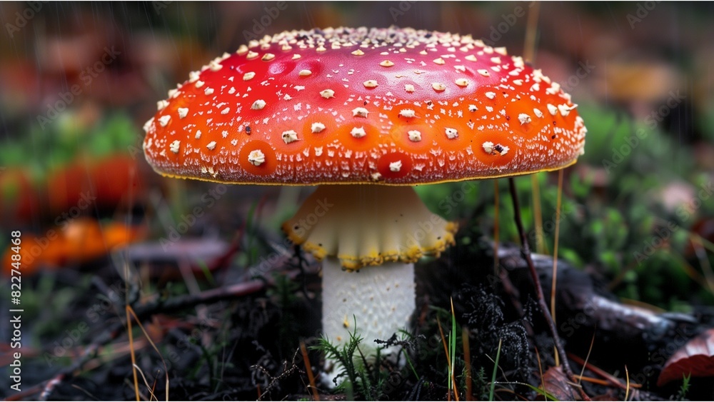 a bright red mushroom with white spots, which is typically known as a fly agaric or Amanita muscaria a bright red mushroom with white spots, which is typically known as a fly agaric or Amanita muscaria
