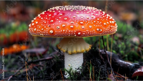 a bright red mushroom with white spots, which is typically known as a fly agaric or Amanita muscaria