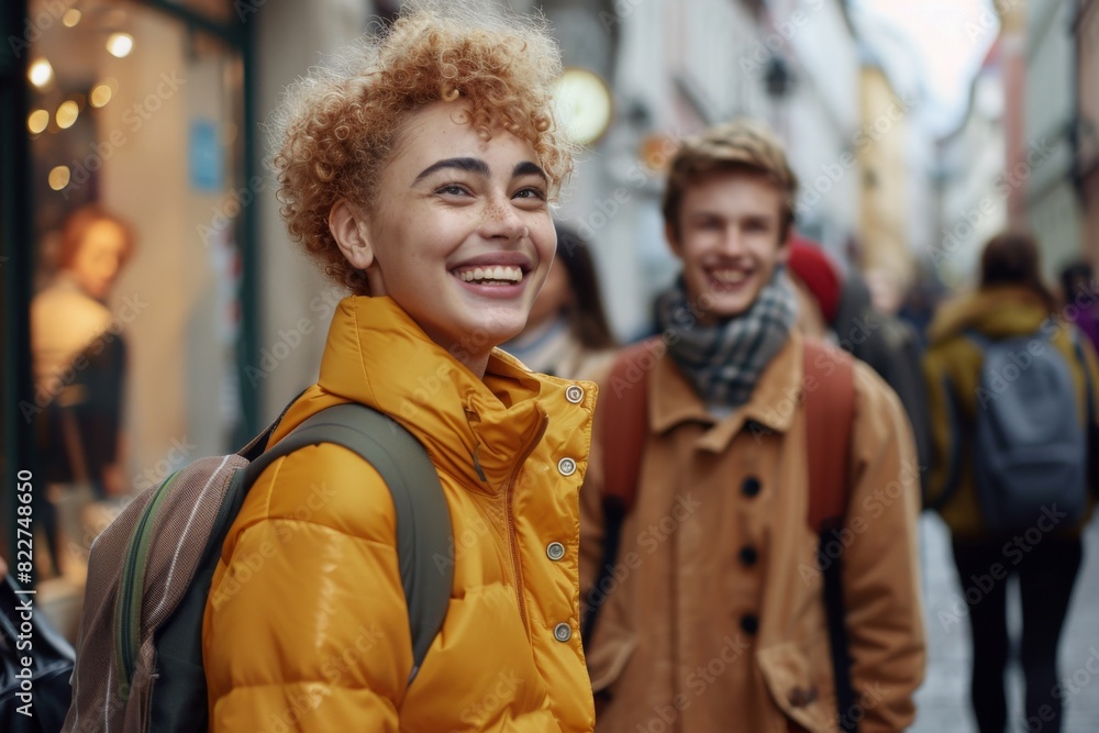 Portrait of a smiling young woman with curly hair in a yellow jacket on the background of people walking in the city Portrait of a smiling young woman with curly hair in a yellow jacket on the background of people walking in the city