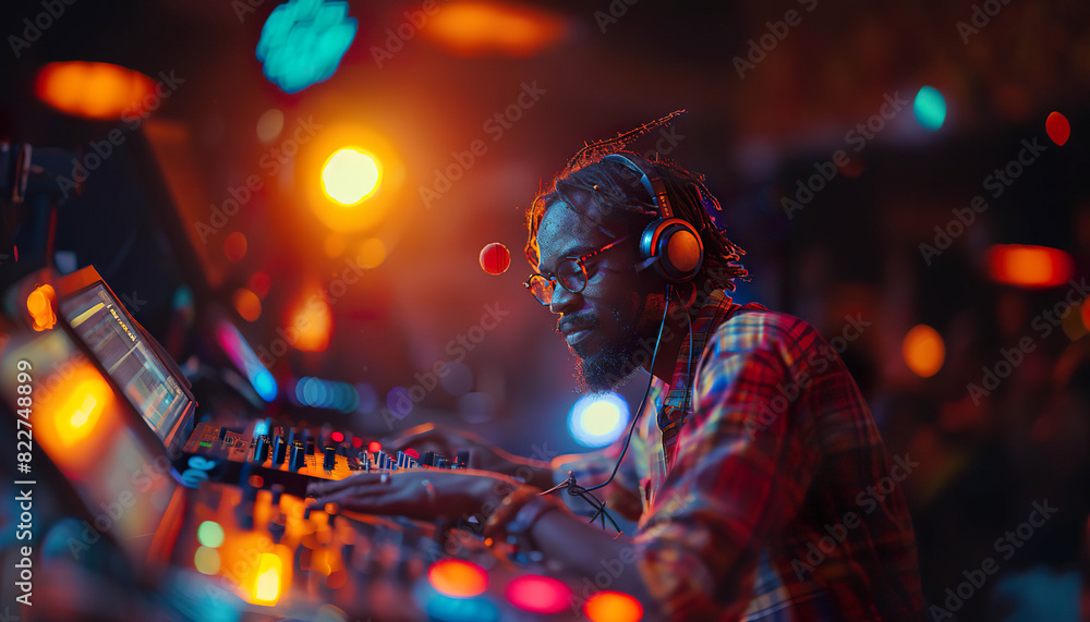 A man is playing music at a club with a bright, colorful background. Generated by AI A man is playing music at a club with a bright, colorful background. Generated by AI