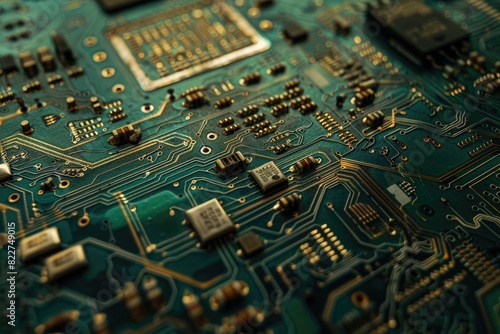 A close up of a computer chip board with many small components. Concept of complexity and intricacy, as the various parts are densely packed together. Scene is one of technical sophistication © At My Hat