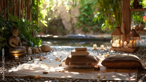 beautiful relaxation site for meditation or spa, with lit candles and stones with day towels in high resolution and high quality