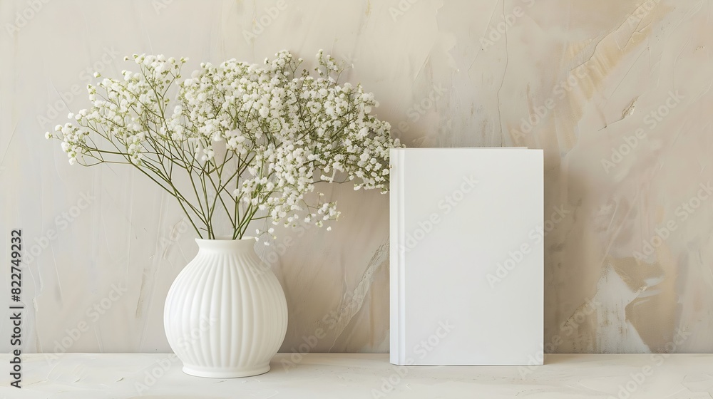 White book mockup with gypsophila in a vase on a beige table : Generative AI White book mockup with gypsophila in a vase on a beige table : Generative AI