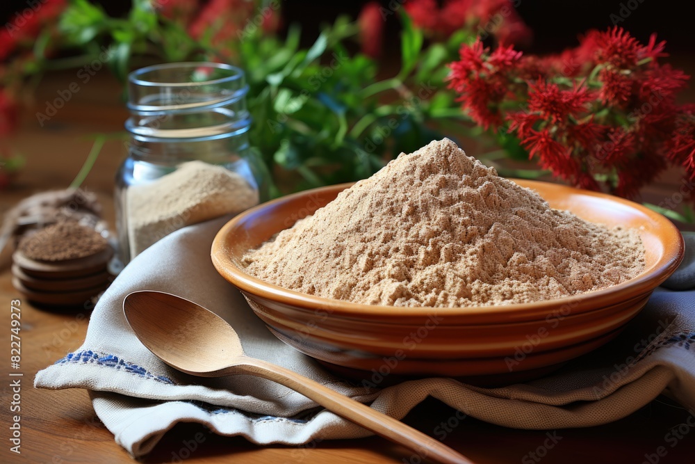 Cinnamon spoon powder on wooden table., generative IA Cinnamon spoon powder on wooden table., generative IA