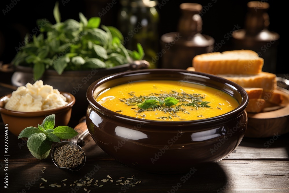 Pumpkin soup bowl with sage., generative IA Pumpkin soup bowl with sage., generative IA