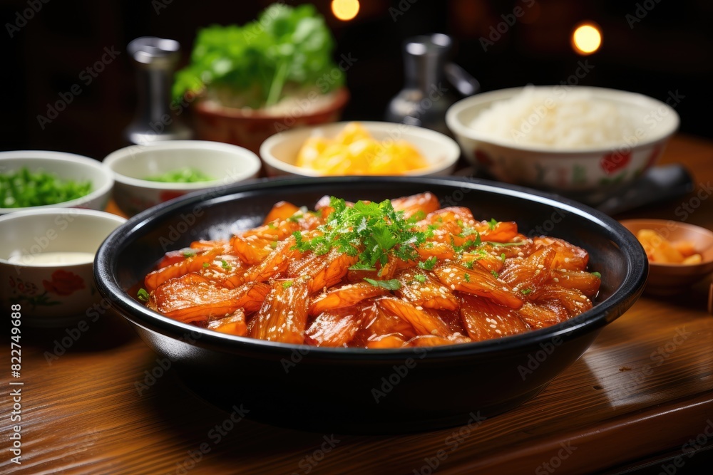 Golden slices of pickled ginger in Japanese restaurant., generative IA Golden slices of pickled ginger in Japanese restaurant., generative IA