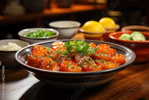 Golden slices of pickled ginger in Japanese restaurant., generative IA