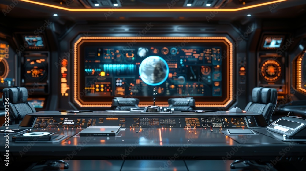 Fototapeta premium A futuristic desk made of holographic material, projections, showcasing the cutting-edge technology.