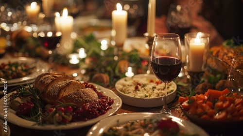 A table with a variety of food and drinks  including wine and bread