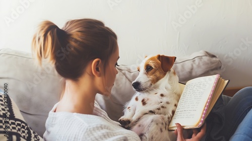 Young beautiful woman reading a book at home with her wire haired jack russell terrier pup Brunette female and rough coated dog sitting on textile couch White wall background copy spac : Generative AI