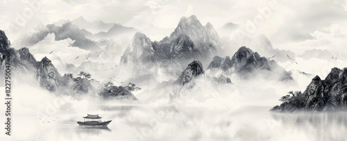 Chinese ink painting style, with mountains and rivers in the background, a boat on an island floating on water, misty clouds above, black white gray color scheme, high resolution