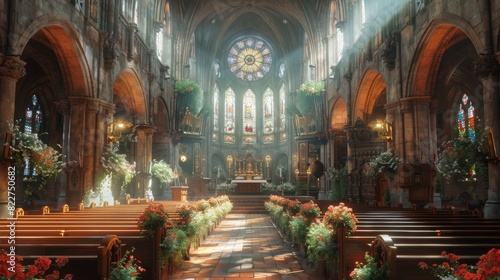 A church with a large stained glass window and a long aisle of pews