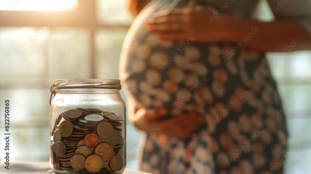 A pregnant woman's stomach with a glass jar filled with coins, symbolizing savings for childbirth. A pregnant woman's stomach with a glass jar filled with coins, symbolizing savings for childbirth.