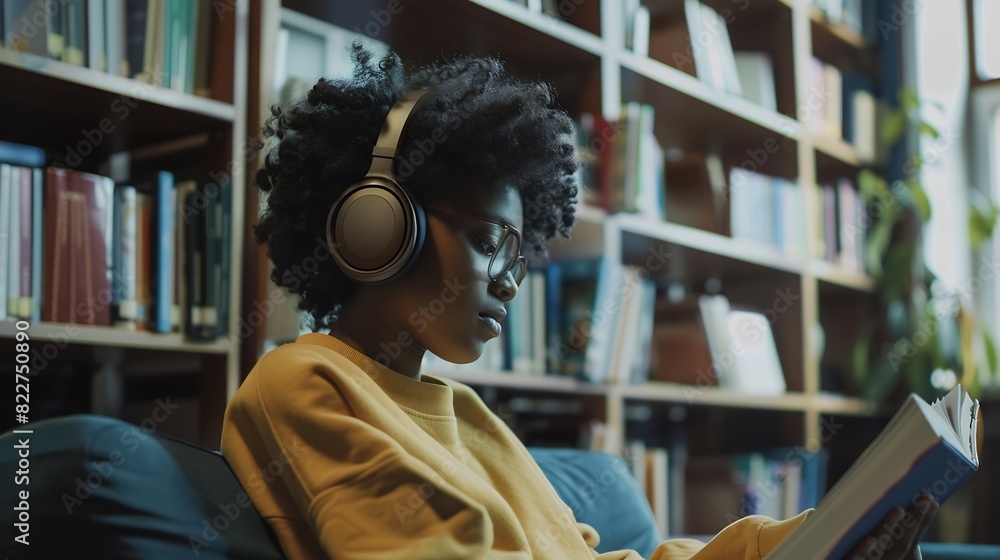 Student wearing wireless headphones and reading book near shelves in library : Generative AI Student wearing wireless headphones and reading book near shelves in library : Generative AI