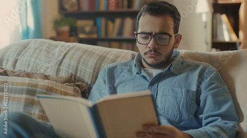 Portrait of young Middle Eastern man wearing eyeglasses holding paper book or diary sitting on couch at home in living room reading literature or checking his working schedule plan fre : Generative AI photo