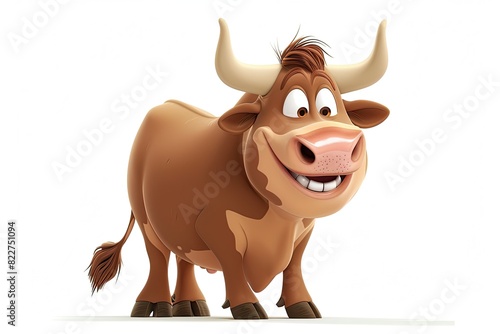 happy cute brown cow cartoon smiling with white teeth isolated on white background, side view 