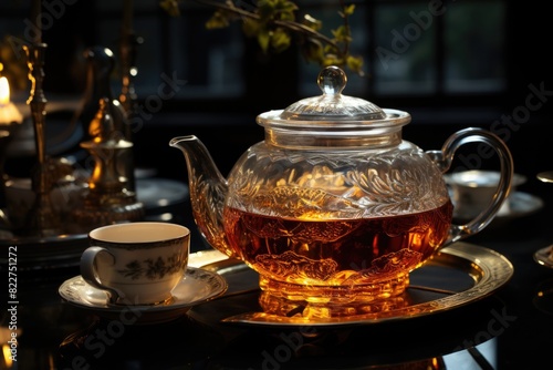 Transparent glass teapot spills tea in the glass mug on the marble table., generative IA