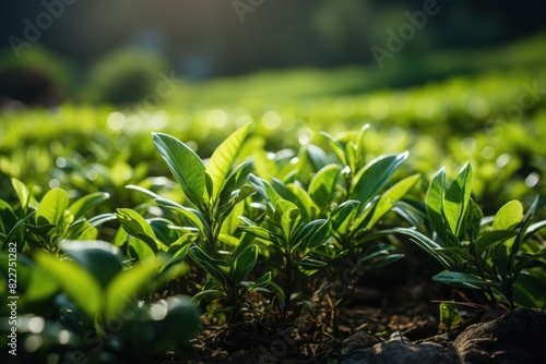 Green tea button and leaves. green tea plantations in the morning. Background of n  generative IA