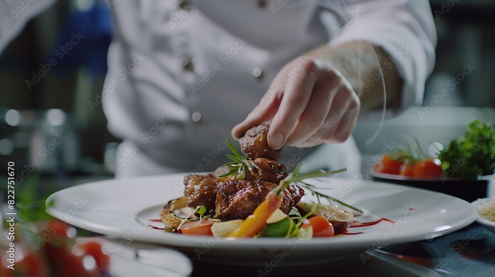Closeup of chef putting fried meat on the plate with vegetables he cooking dish from chef : Generative AI Closeup of chef putting fried meat on the plate with vegetables he cooking dish from chef : Generative AI