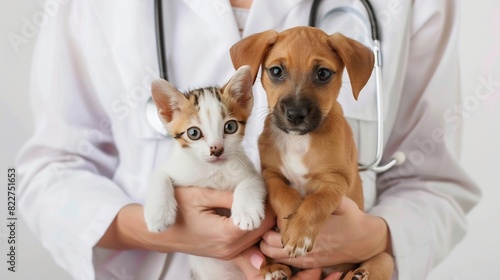 Cat and dog in Vet doctor hands Doctor veterinarian keeps kitten in pocket and puppy in hand in white coat with stethoscope Baby pets in clinic medicine concept Long web banner : Generative AI